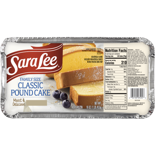 Sara Lee All Butter Pound Cake, Family Size, 16 oz (Frozen)
