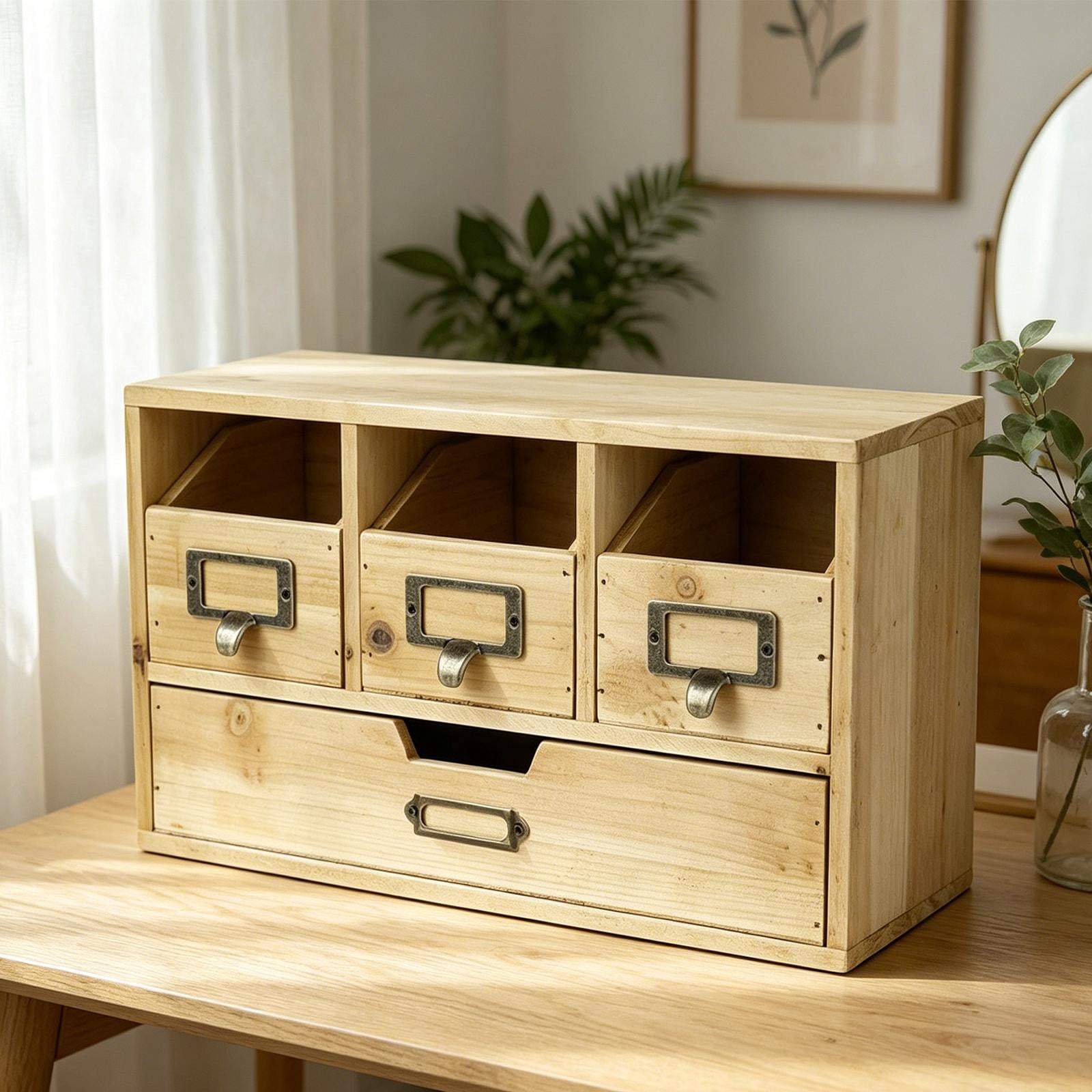Voxware Desktop Cabinet Desk Organizer Rustic Tabletop Farmhouse Office Supplies Storage Drawers Wood for Jewelry Study Table Dresser