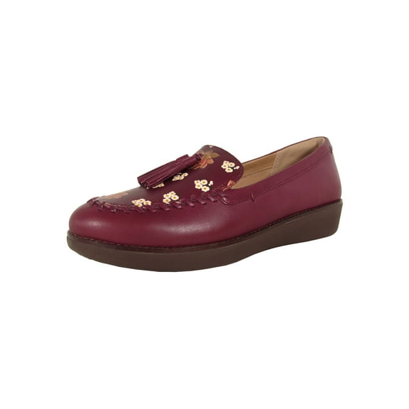 Fitflop Womens Paige Dark Floral Leather Moccasin Loafers, Berry Mix, US 5