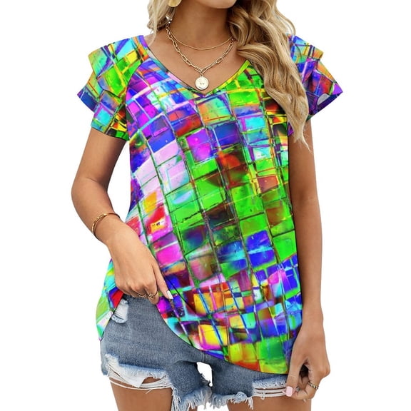 Psychedelic Planet Disco Ball Lotus Leaf Neck Women'S T-Shirt Cute Elegant Tops Tees Long Sleeve T-Shirts Casual Shirts