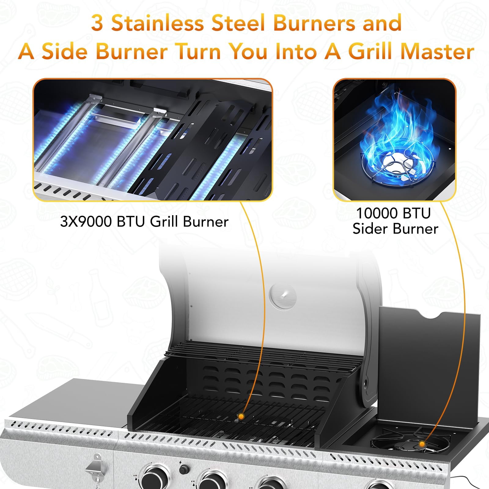 4-Burner Propane Gas BBQ Grill with Side Burner, 37,000 BTU Stainless Steel Construction with Porcelain-Enameled Grates for Outdoor Cooking, Camping, and Patio Backyard