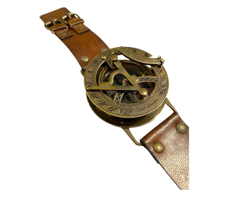 Brass Sundial Compass with Handmade Leather Band | Wrist Compass & Nautical Sundial Watch | Gift Item