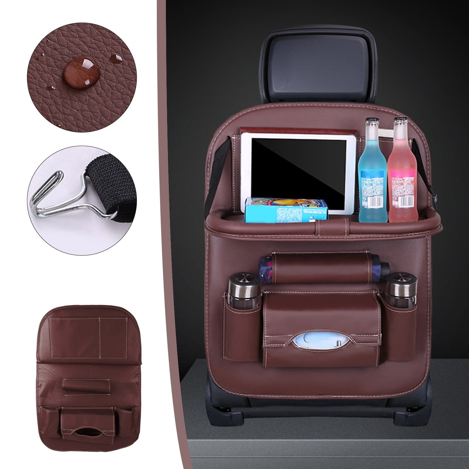 Multifunctional PU Leather Car Seat Storage Bag, Foldable Backseat Organizer with Dining Table Tray, Waterproof Large Capacity Car Storage, for Phones, Bottles and Toys, for Cars SUVs