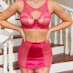 thumbnail image 4 of Conjunto de lencería para mujer, 7 Uds., liguero ahuecado, trabillas para las piernas, ropa de dormir transparente con empalme de malla, color rojo rosa XL, 4 of 7