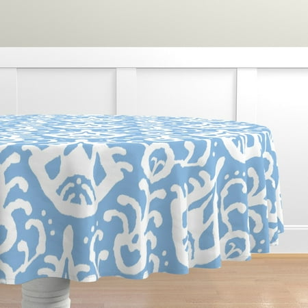

Cotton Sateen Tablecloth 90 Round - Light Blue Ikat Abstract Coastal Traditional Print Custom Table Linens by Spoonflower