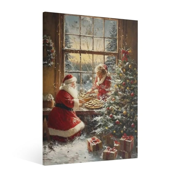 Vintage Christmas Santa Claus and his Mrs. Christmas Wall Art Paint - Retro Xmas Festive Winter Holiday Christmas Wall Decor Canvas for Living Room Kitchen Bathroom Home Bedroom Decor Framed
