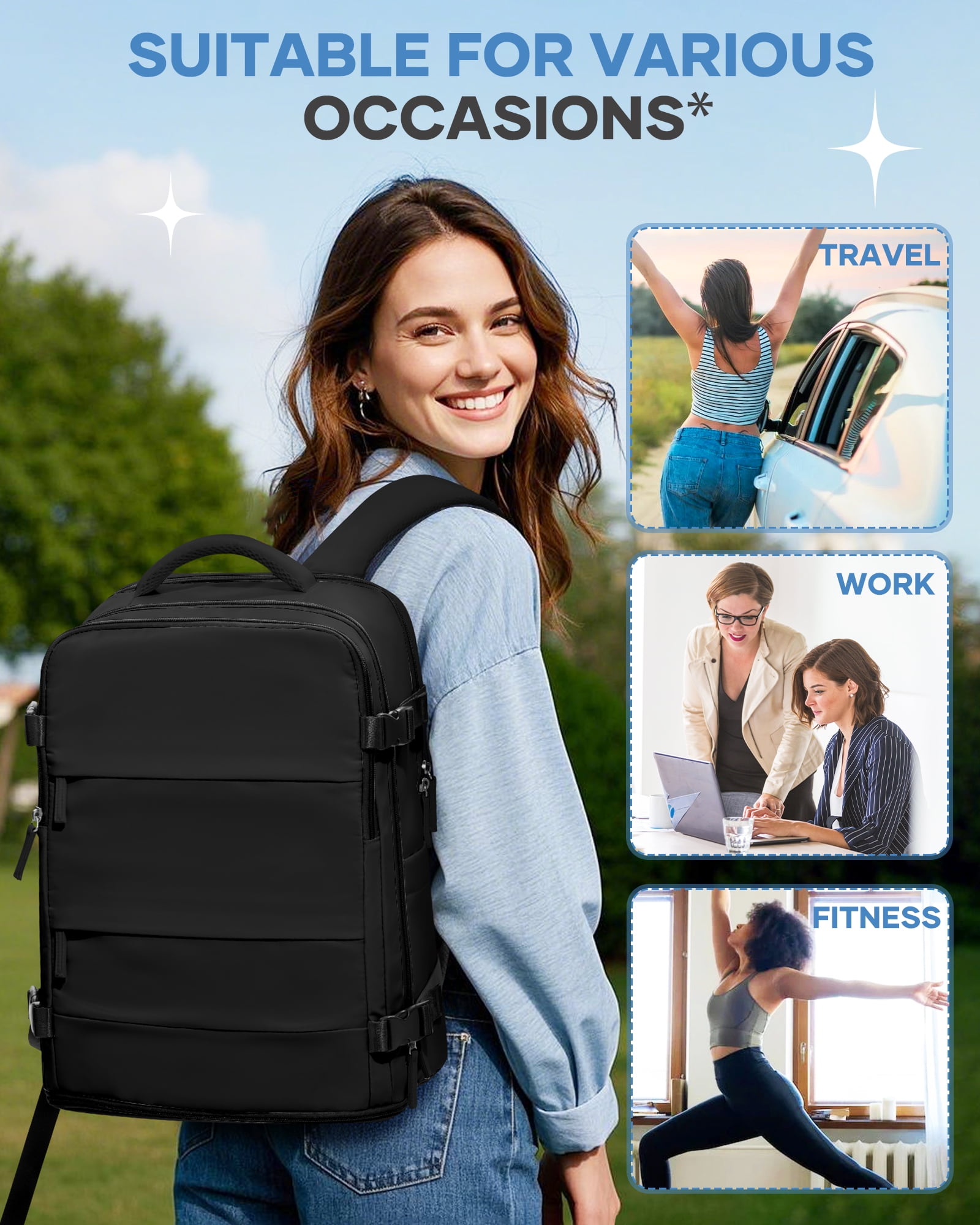Lightweight Backpack Women, Men Carry On Backpack,Hiking Backpack Waterproof Outdoor Sports Casual Daypack Airplane Approved Backpack Student School Bag Black