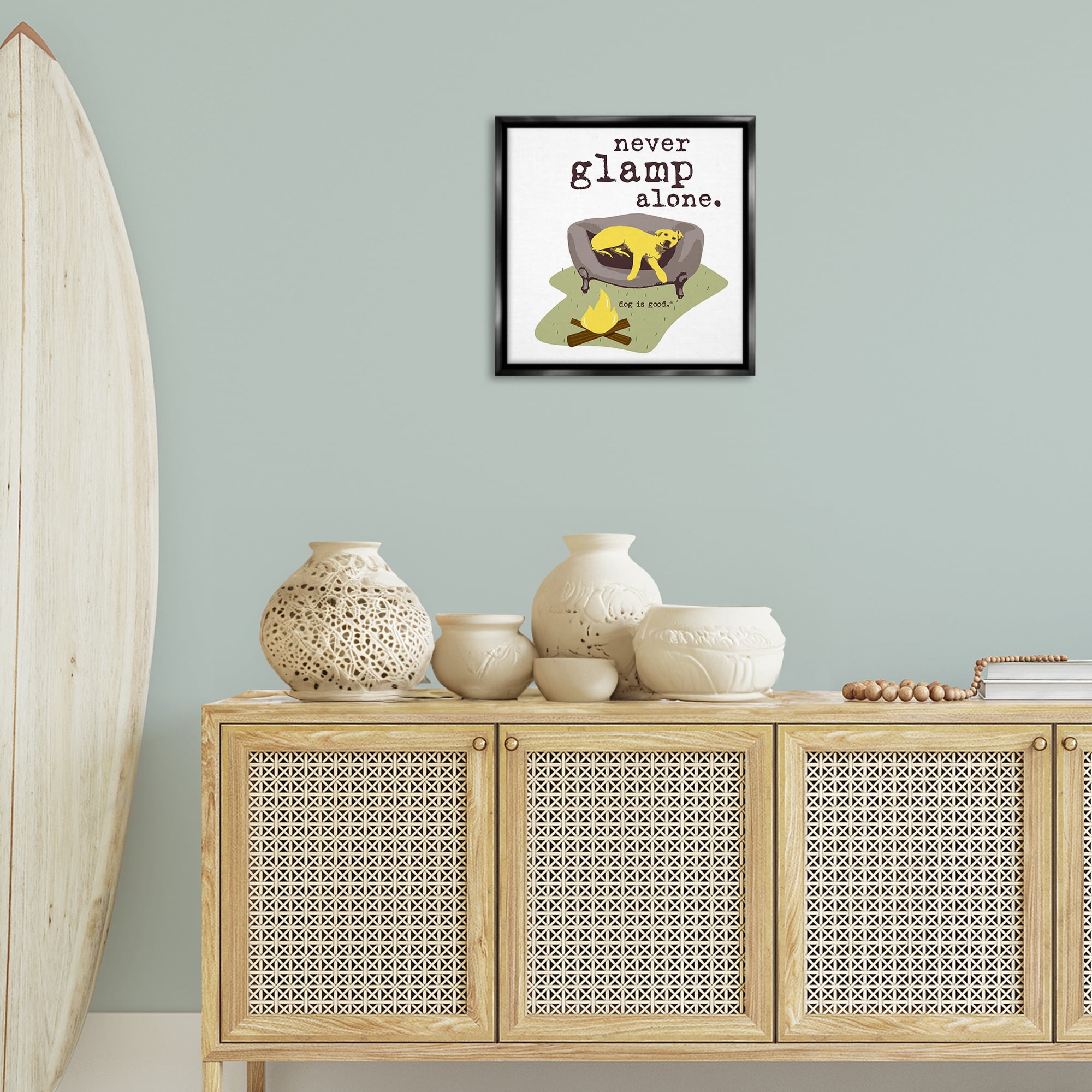 Stupell Industries Never Glamp Alone Dog Animals Painting Black Floater Framed Canvas Art Print Wall Art, 18 x 18