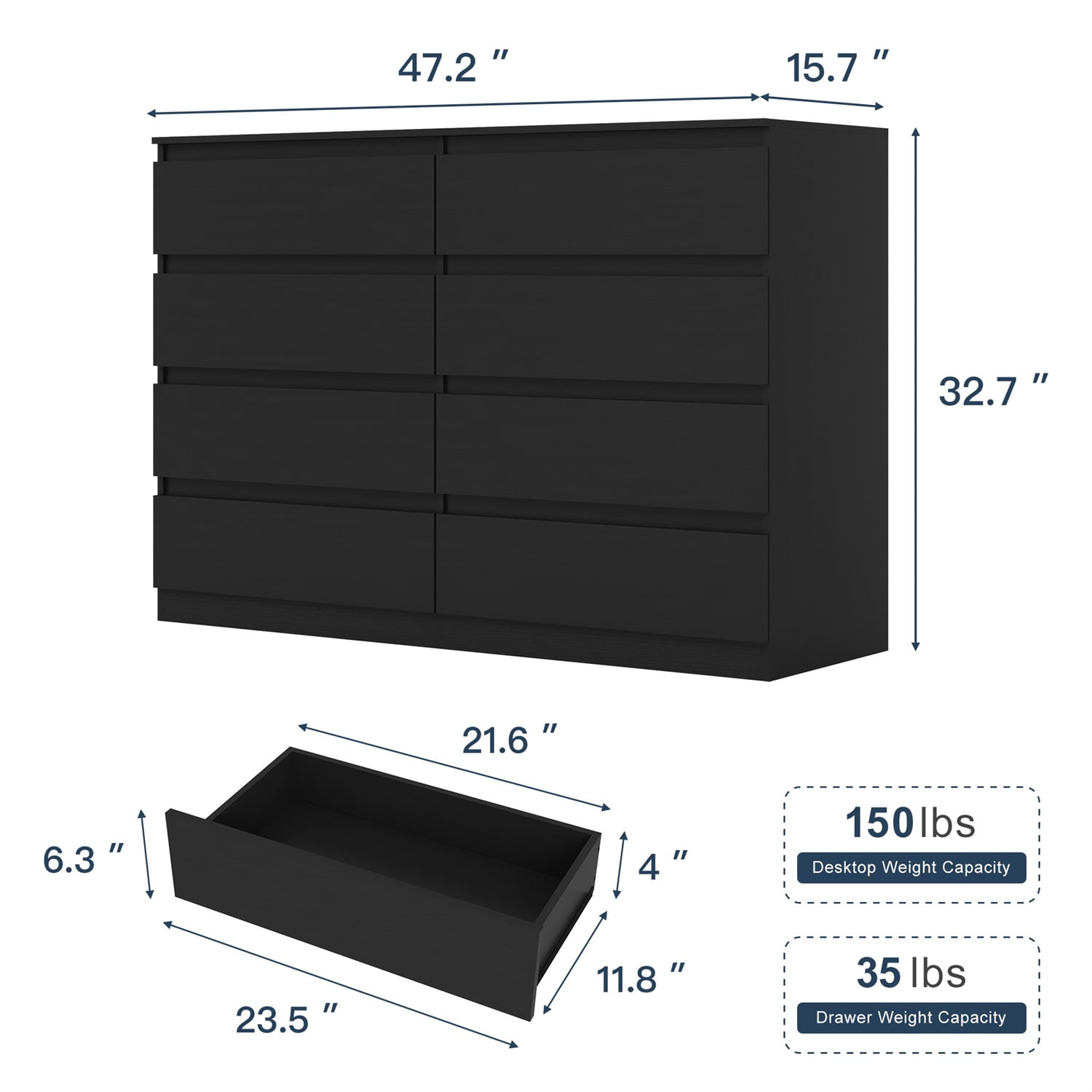 Hommoo Furniture,Modern and Minimalist Dresser for Bedroom, 8 Chest of Drawers, Wooden Dressers for Bedroom, Living Room,Hallway,Black