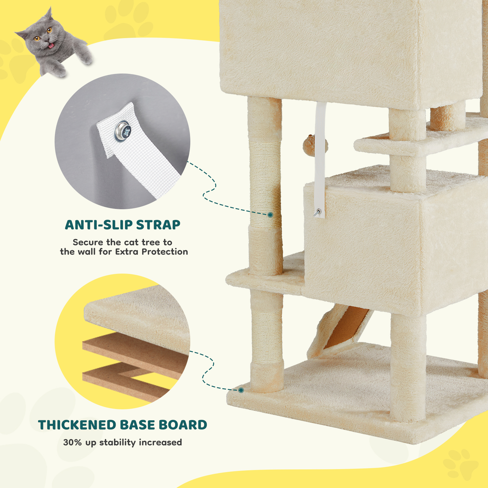 MCQ 54" Cat Tree Tower Multi-level with Scratching Post, Large Condo for Indoor, Beige
