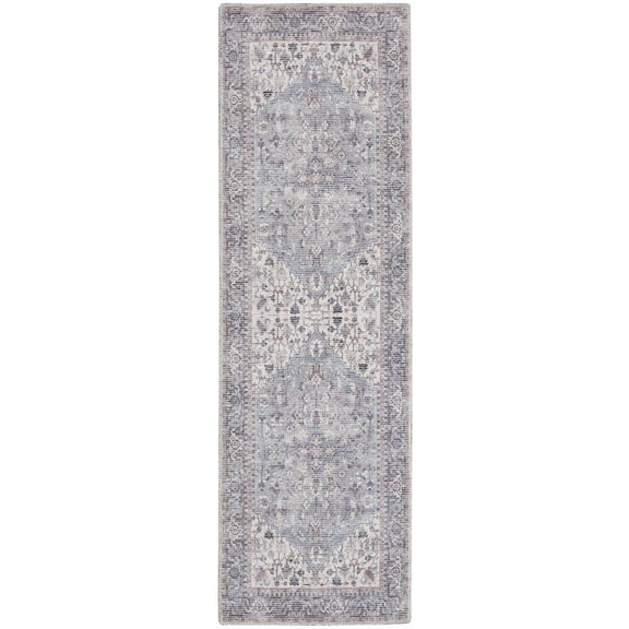 2' X 6' Grey Oriental Power Loom Distressed Washable Runner Rug