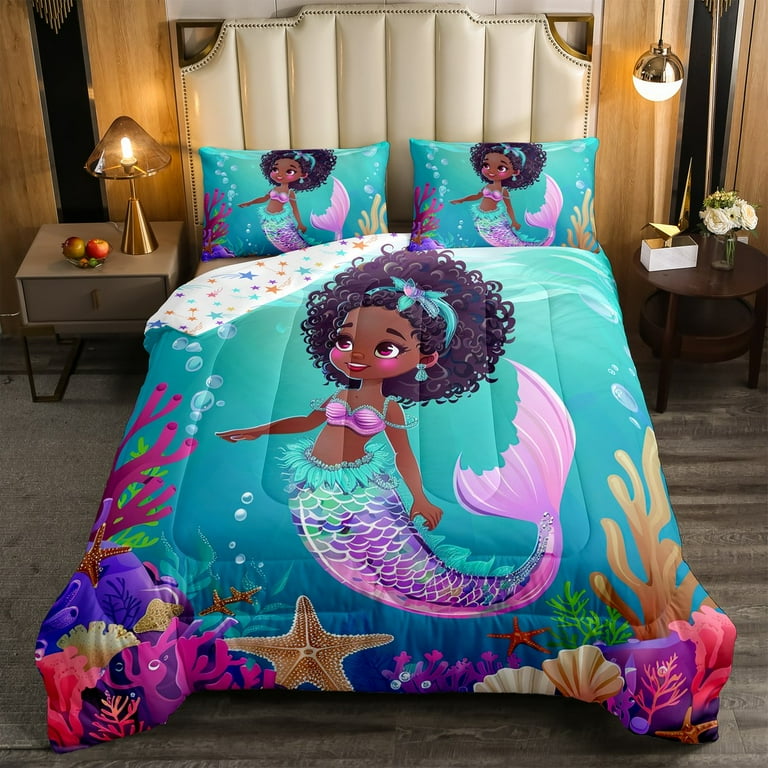 YST Black Mermaid Comforter Set Twin Black Princess Girl Bedding Sets Cute Ocean Mermaid Bed Comforter Sets For Little Girls American African Quilt Set Marine Life Room Decor 1 Pillow Case