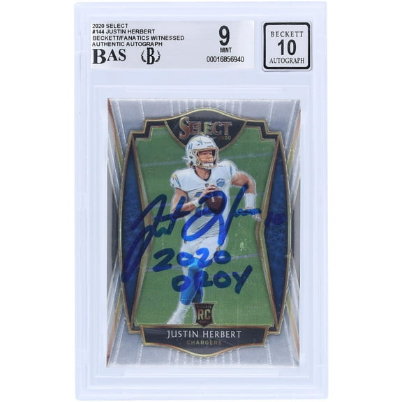 Justin Herbert Los Angeles Chargers Autographed 2020 Panini Select #144 Beckett Fanatics Witnessed Authenticated 9/10 Rookie Card with "2020 OROY" Inscription - Fanatics Authentic Certified