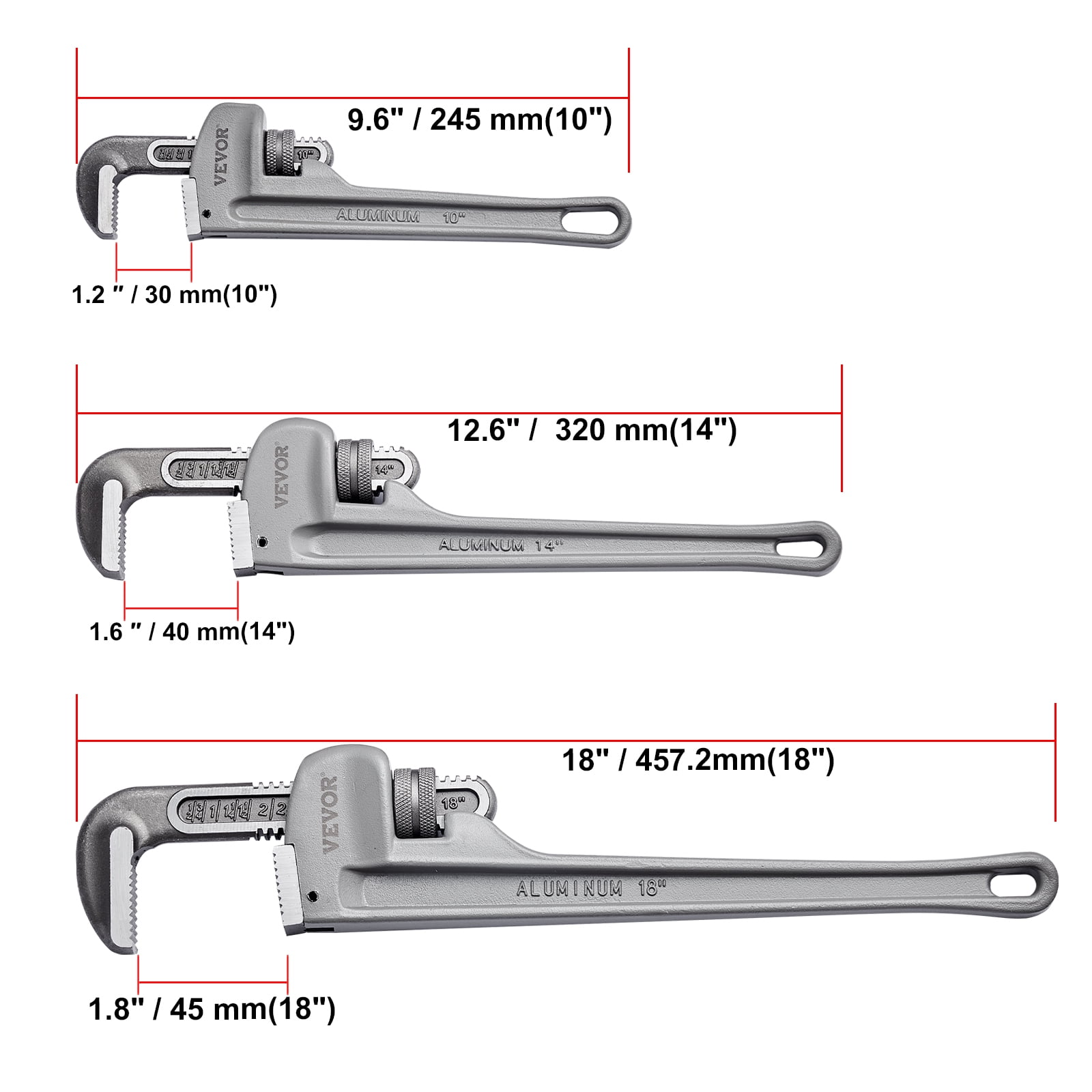 VEVOR 3-Piece Pipe Wrench Set, 10" 14" 18" Aluminum Straight Pipe Wrench, Adjustable Plumbing Wrench, with High Strength Jaw and Ergonomic Handle, Hangable Design, for Water Pipes, Automotive Repairs