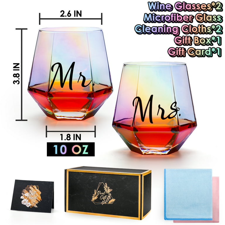 Quyimy Mr and Mrs Wine Glasses Set of 2 Wedding Gifts, Engagement Gift, Iridescent Diamond Shaped Wine Glasses for Couples Gifts, Unique Colorful