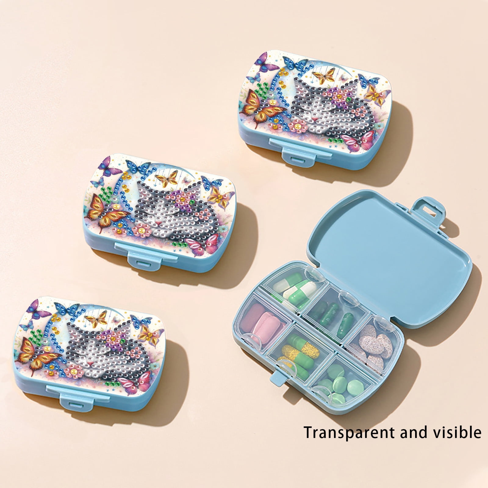 FLOPESN Diamond Art Painting Mini Storage Box with 6-Grid,Creative Design Compact Portable Small Case for Purse Travel Daily- Cat