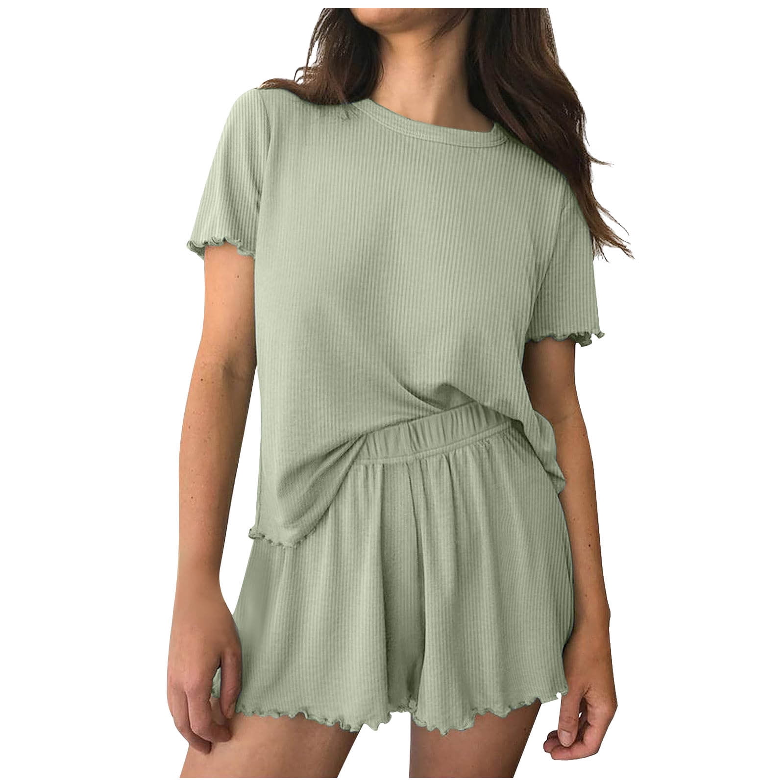 HUJlwoi Women Ruffle Pajama Sets Short Sleeve and Shorts Piece