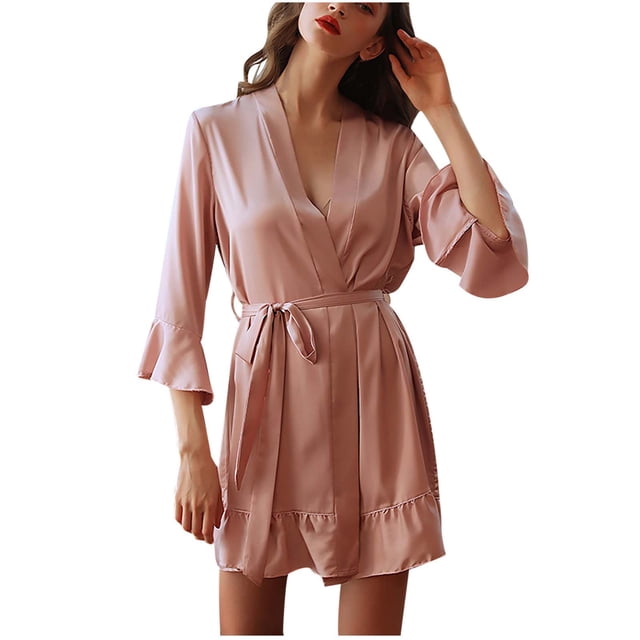 Women's Satin Robe Kimono Bridesmaids Robe Short Ruffle Hem Silky Bathrobe 3/4 Sleeve Night Robe Sleepwear
