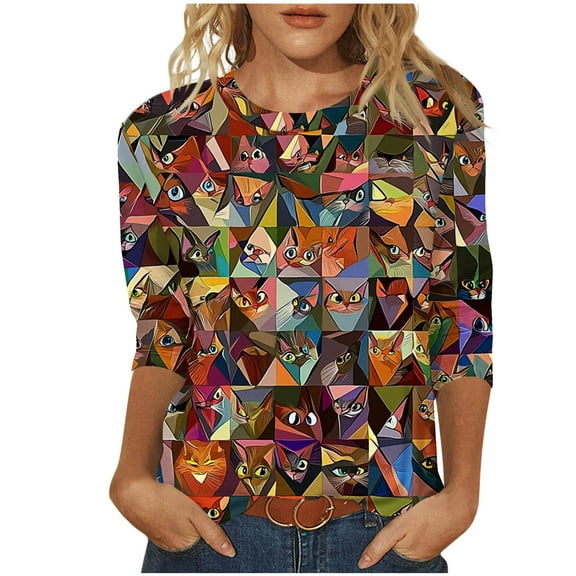 SHE IS Womens 3/4 Sleeve Tops, Long Sleeve Shirts for Plus Size Women Dressy Casual Crew Neck Tops for Women Plus Size Blouses for Women Dressy Basic Oversized Crop Tees for Women