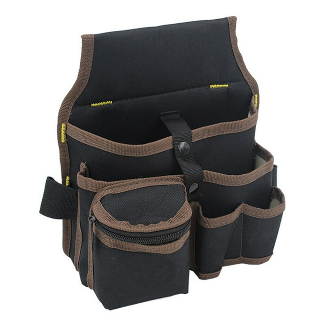Riñonera de tela Oxford para herramientas, multifuncional, con múltiples bolsillos y cinturón, organizador de herramientas, color negro y marrón.