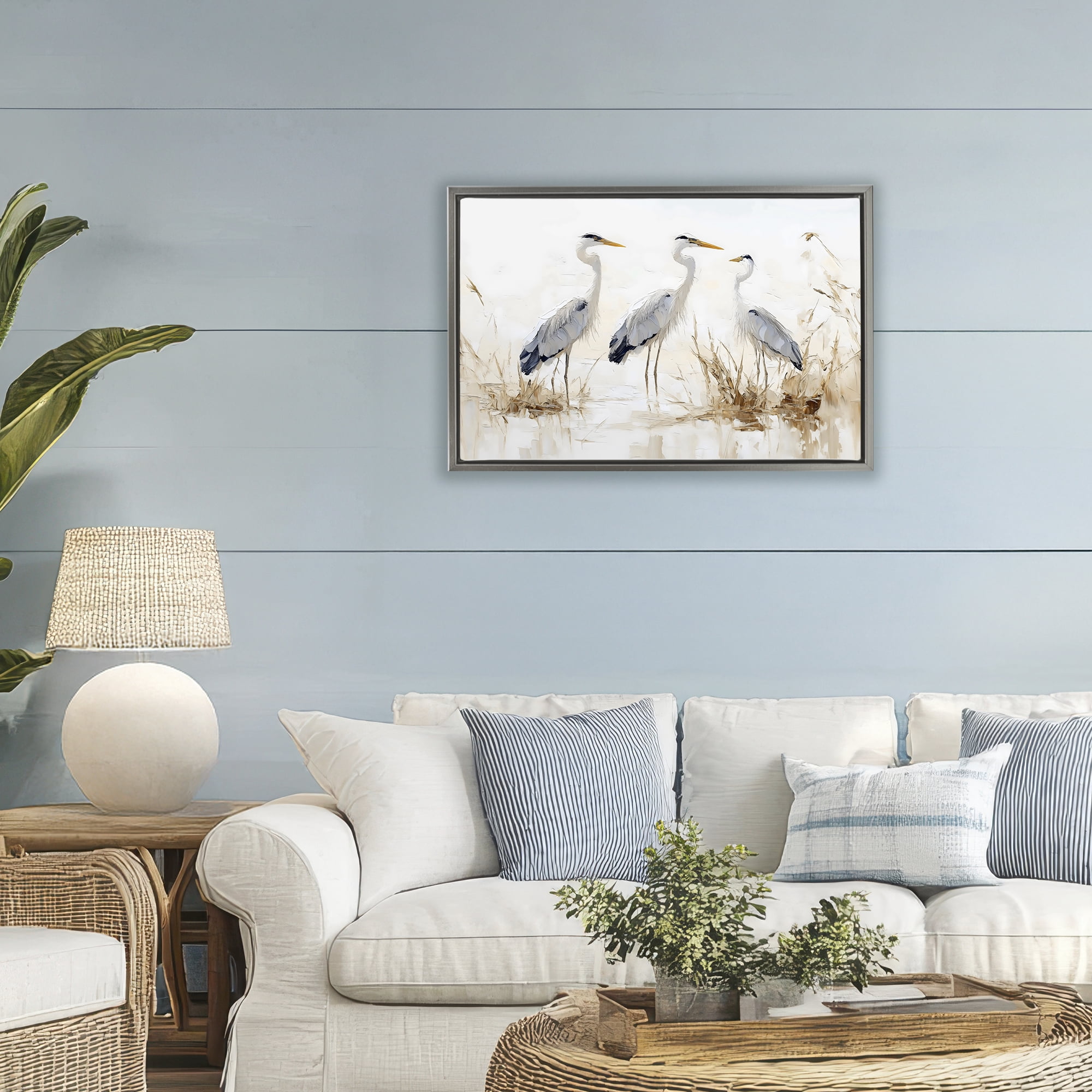 Stupell Industries Neutral Blue Herons in Reeds Gray Framed Floater Canvas Wall Art, design by LSR Design Studio