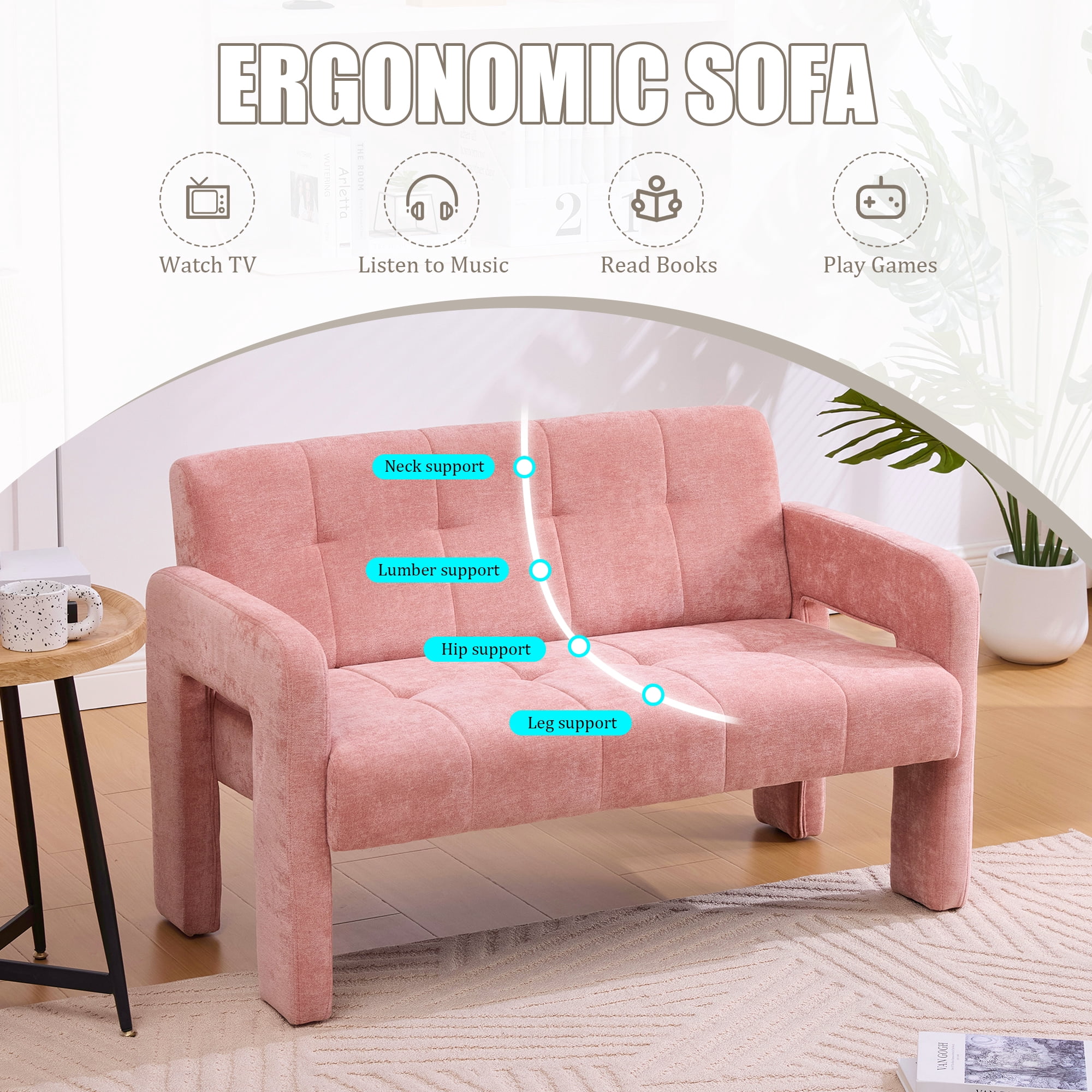 MOONMISS Chenille Upholstered Tufted Comfortable Wood Frame Loveseats Sofa with Dual Armrests-Pink