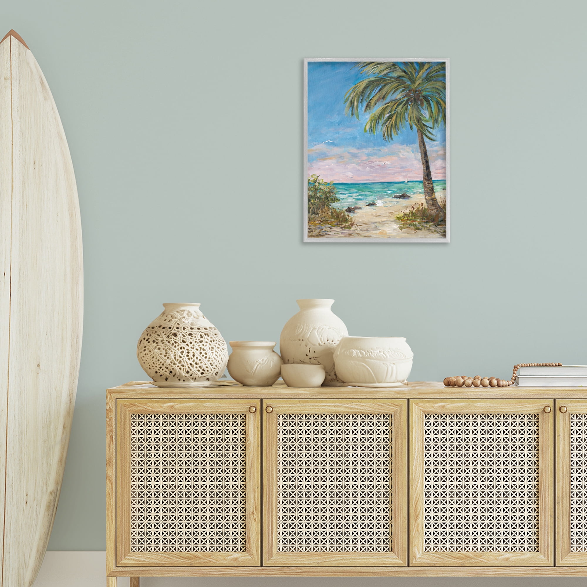 Stupell Industries By the Single Palm Coastal Painting Gray Framed Art Print Wall Art, 24 x 30