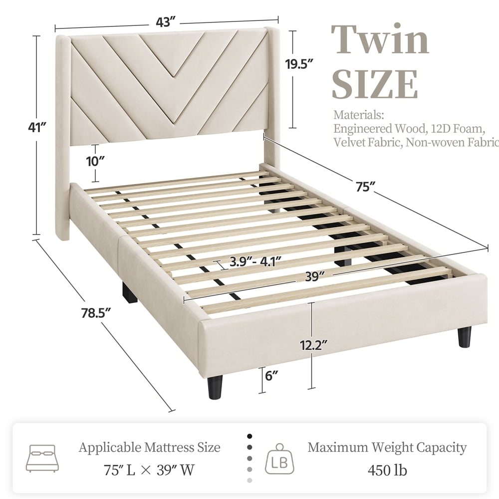 Yaheetech Twin Size Upholstered Platform Bed with Geometric Tufted Headboard, Beige