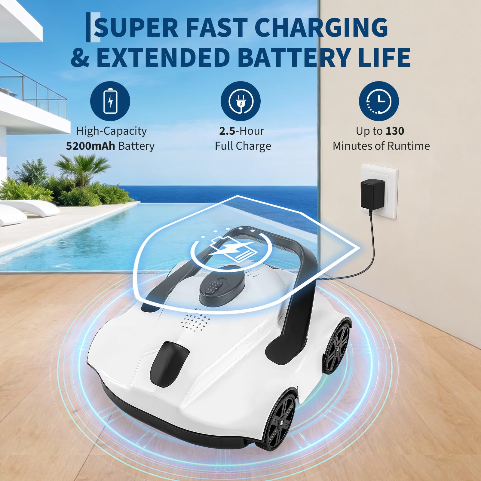 PYY Robotic Pool Cleaners Cordless Robotic Pool Cleaner for Above Ground Pools - 130 Min Runtime, Self-Charging, Cleans Up to 860 Sq Ft, Lightweight & Portable Design, White
