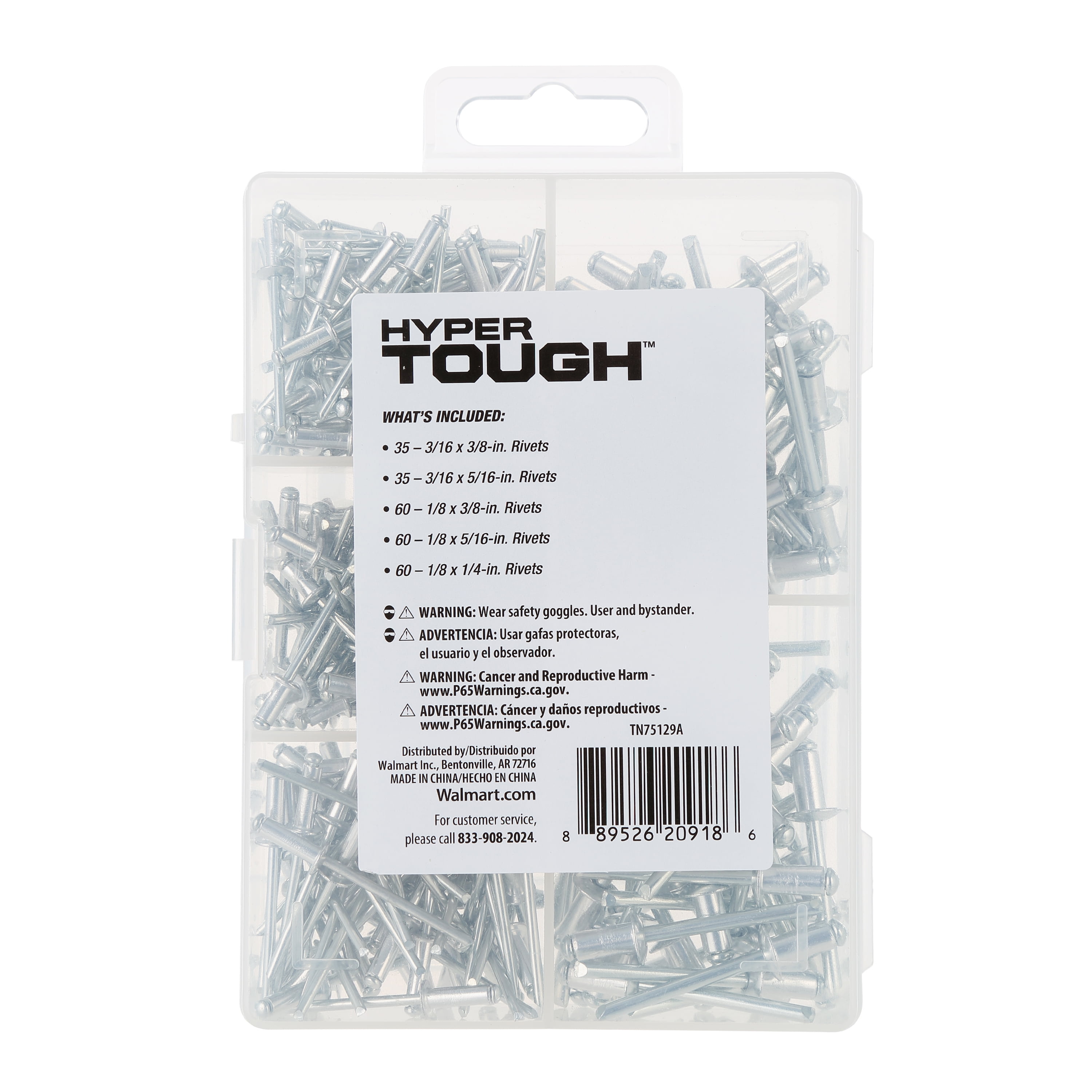 Hyper Tough 250 Piece Assorted Size Aluminum Rivets in Divided Plastic Storage Case TN75129A