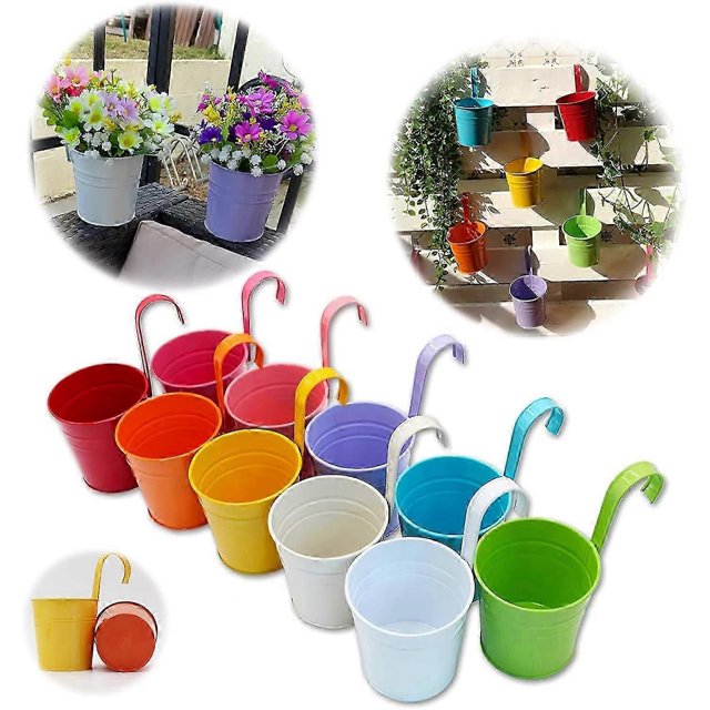 Set of 10 Metal Flower Pots Hanging Vase Planting Basket without Drainage Hole, Detachable Hook, Garden Fence Balcony Decoration