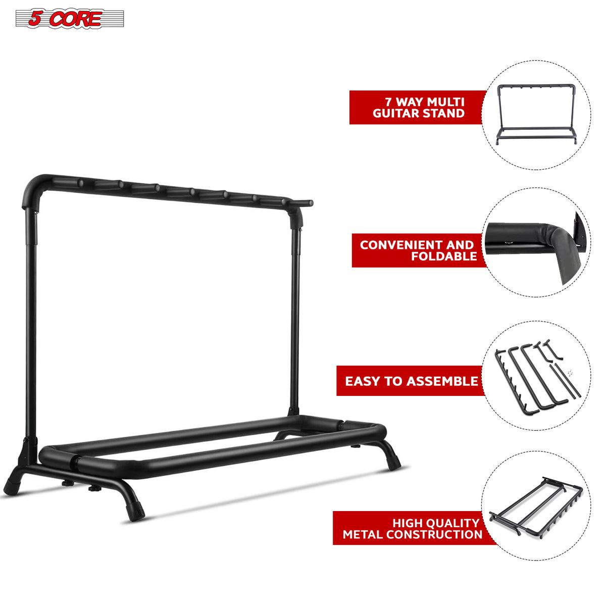 Guitar Rack 7 Slot Multi Guitar Stand Seven Display Floor Stand Safe Storage Foldable Portable for Electric Acoustic Flying V Guitars - GRack 7N1