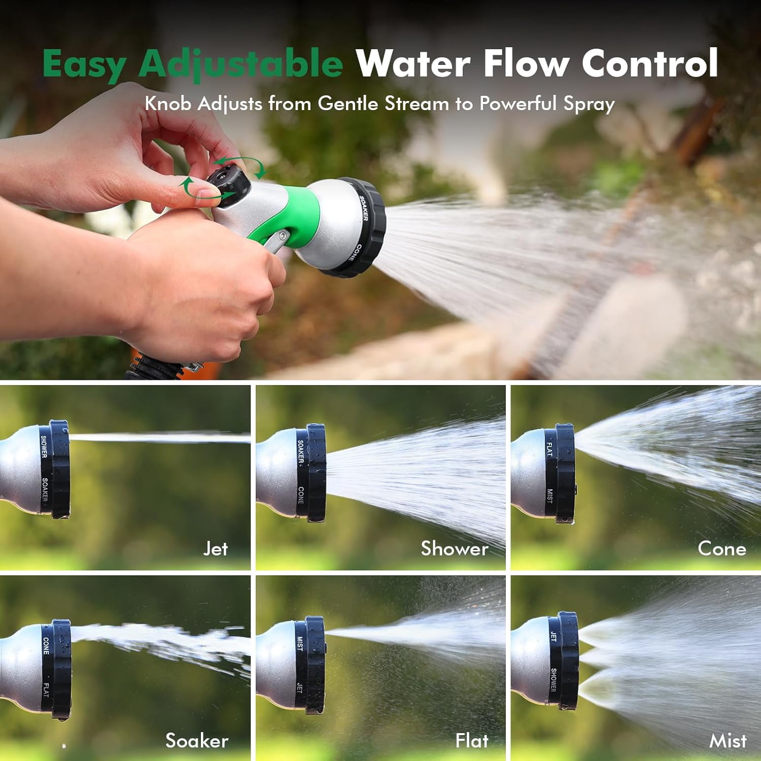 Water Hose Nozzle with Removable Spray Disc, Heavy Duty Garden Hose Nozzle with 6 Spray Patterns, High Pressure Hand Sprayer for Watering Plants, Washing Cars & Pets, Front Trigger
