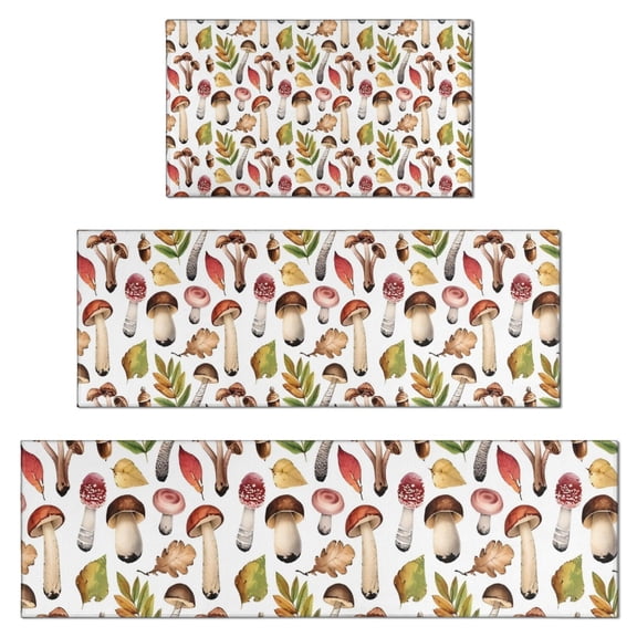 Brown Mushroom Leaf White Pattern Kitchen Rugs Sets Of 3,Kitchen Runner Rugs Non Skid Washable,Decorative Kitchen Floor Mats for Kitchen,Sink,Laundry,17"x30" 17"x47" 17"x59"