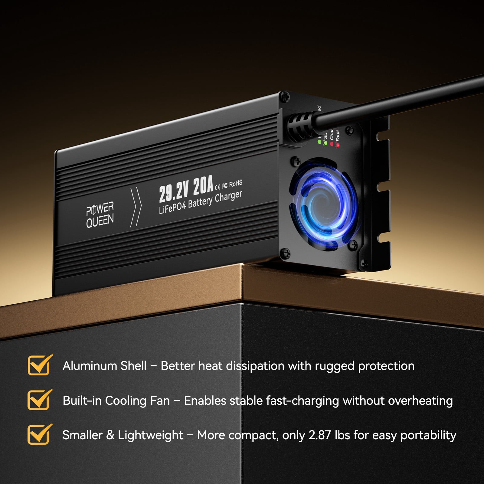 Power Queen 29.2V 20Amp Lithium Charger Smart Automatic Rechargeable For 24V LiFePO4 Battery