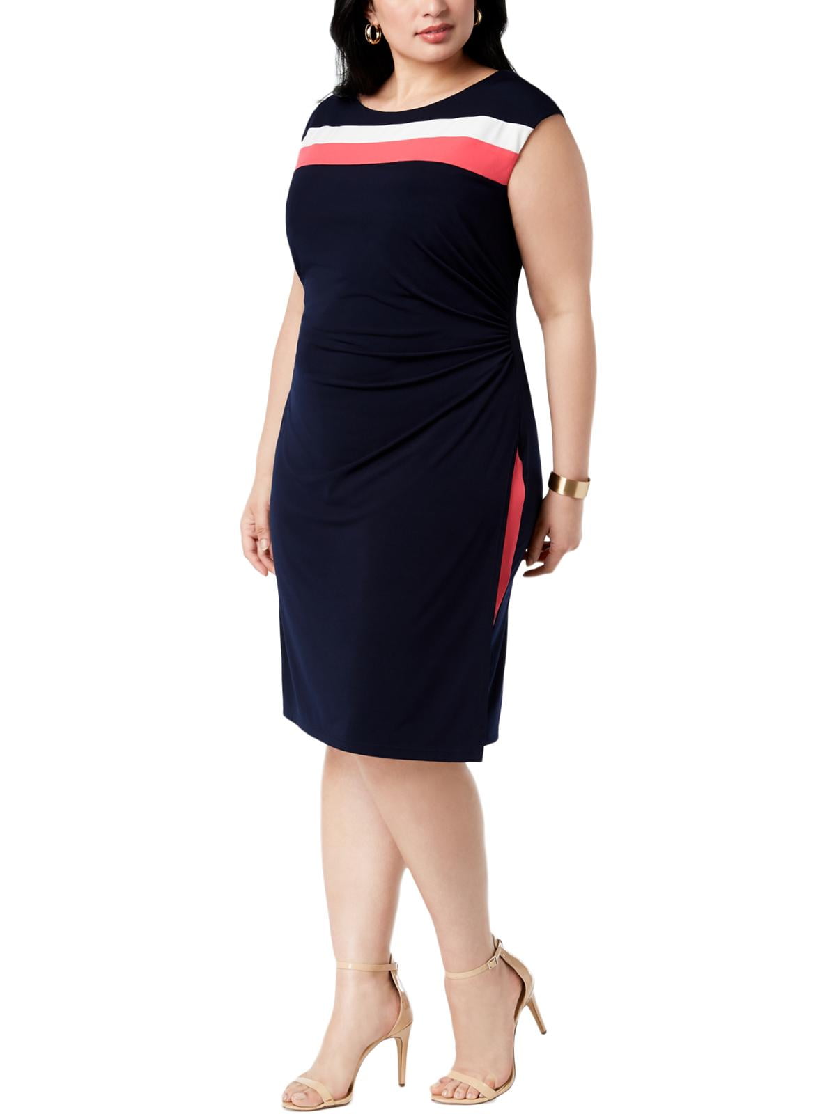 Connected Womens Dress Plus Size Printed Tiered Sheath Dress Striped Blue $79 
