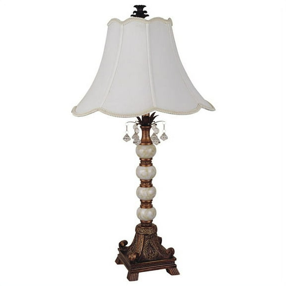 NEW Painted Marble & Gold Base with Faux Crystal Ornaments, White Fabric Shade, Socket Switch, 31" Table Lamp 8167