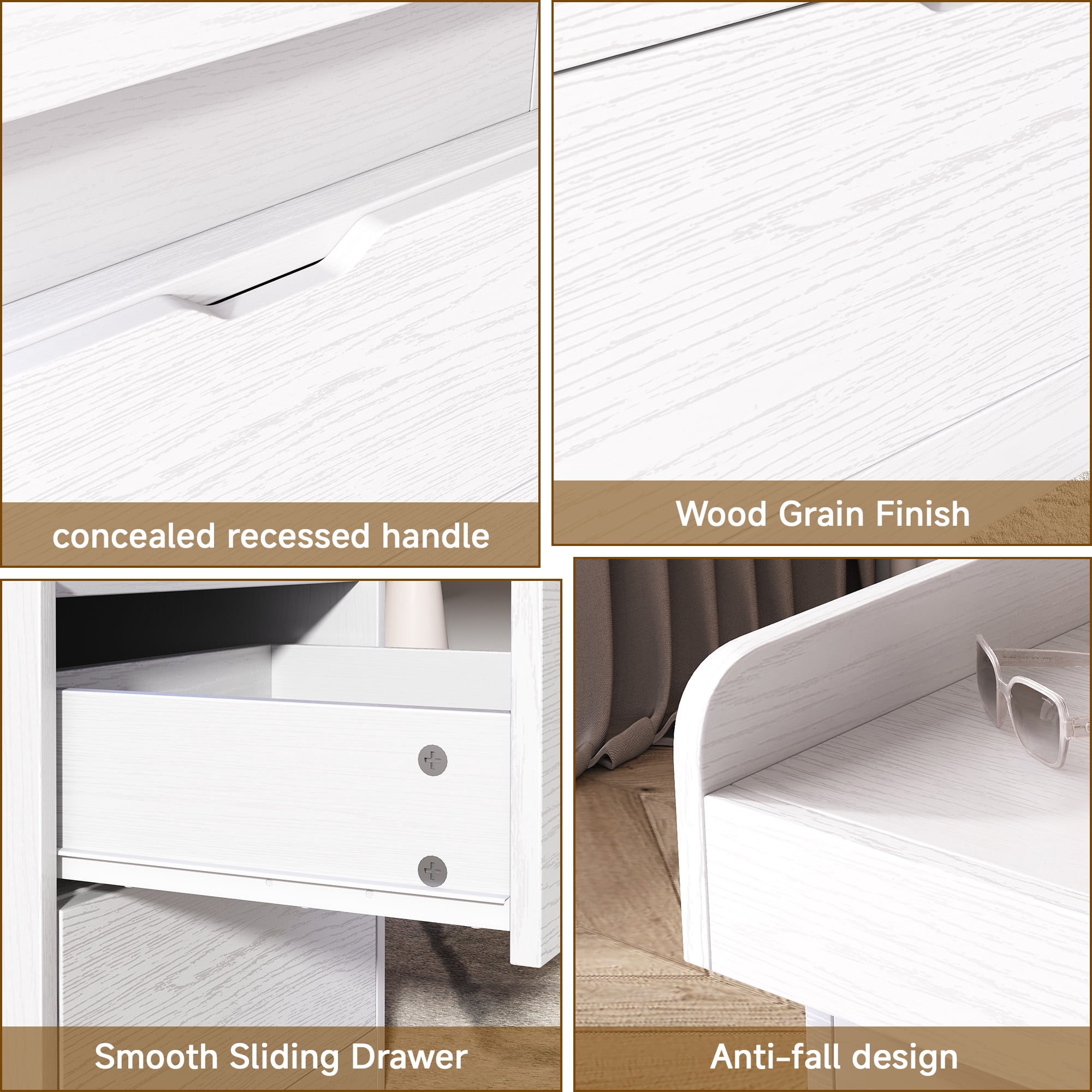 NEGYLIM Nightstand for Bedroom with 3 Drawers, Bedside Tables with Charging Station & LED Lights, Side Tables with 2 Wooden Drawers & a Sliding Top, Modern Style, for Living Room, Office, White