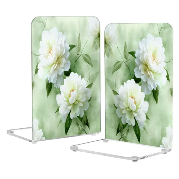 2Pack Acrylic Bookends Clear L-Shaped Book Holders with Non-Slip Pads Sturdy Durable Book Stoppers for Shelves, Office, School, Library, Home Desk Decor Serene Mint Peony Blooms