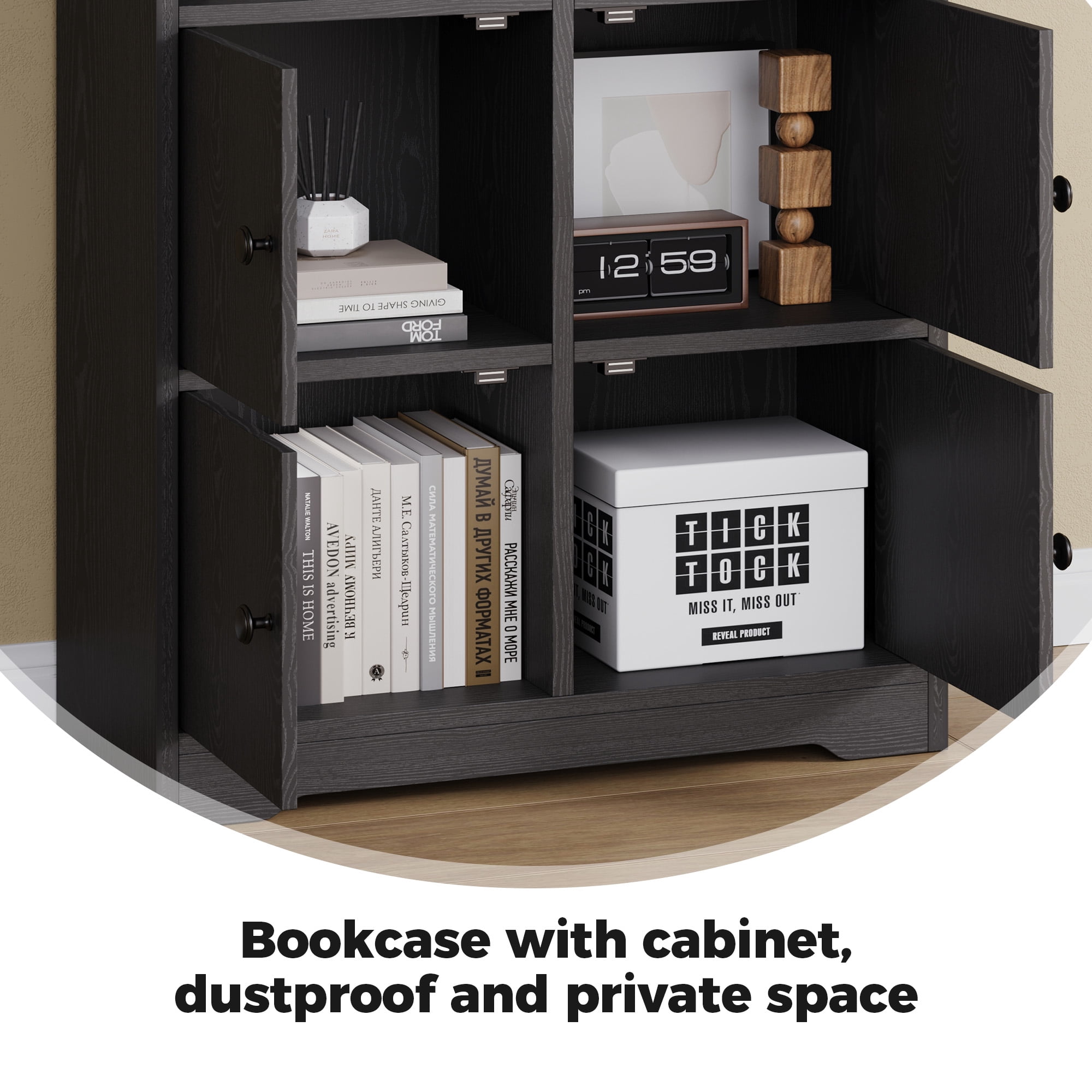 IRONCK 5-Tier Bookcases with Doors, 63" Tall Cube Storage Shelf, Freestanding Bookshelf for Home Office Living Room, Black
