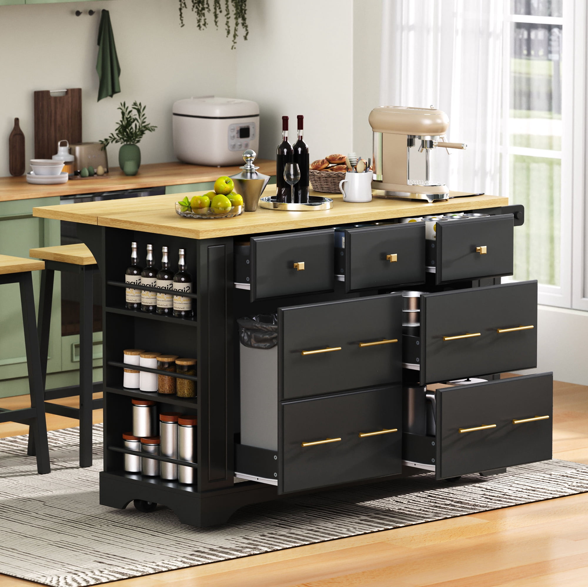 Mintazer 51.2" Kitchen Island Cart with Single Drop Leaf & Power Outlet, Rolling Kitchen Island Table with 6 Drawers, Pull Out Trash Can Storage & 5 Open Side Racks for Kitchen Dining Room, Black