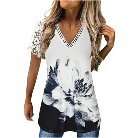 

Women s Summer Tops Slim Fit Lace Patchwork V-neck Short Sleeve T-shirts Casual Floral Shirts for Women