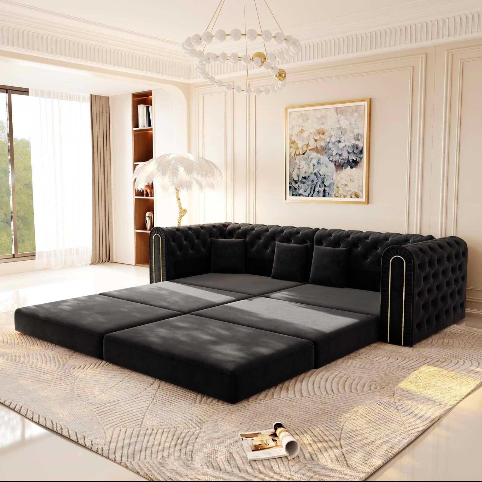 MAYEERTY 90.6" 3‑in‑1 Convertible Sleeper Sofa, Modern Velvet 3‑Seater Couch with Tufted & Gold Trim, Movable Ottoman, 4 Pillows Included