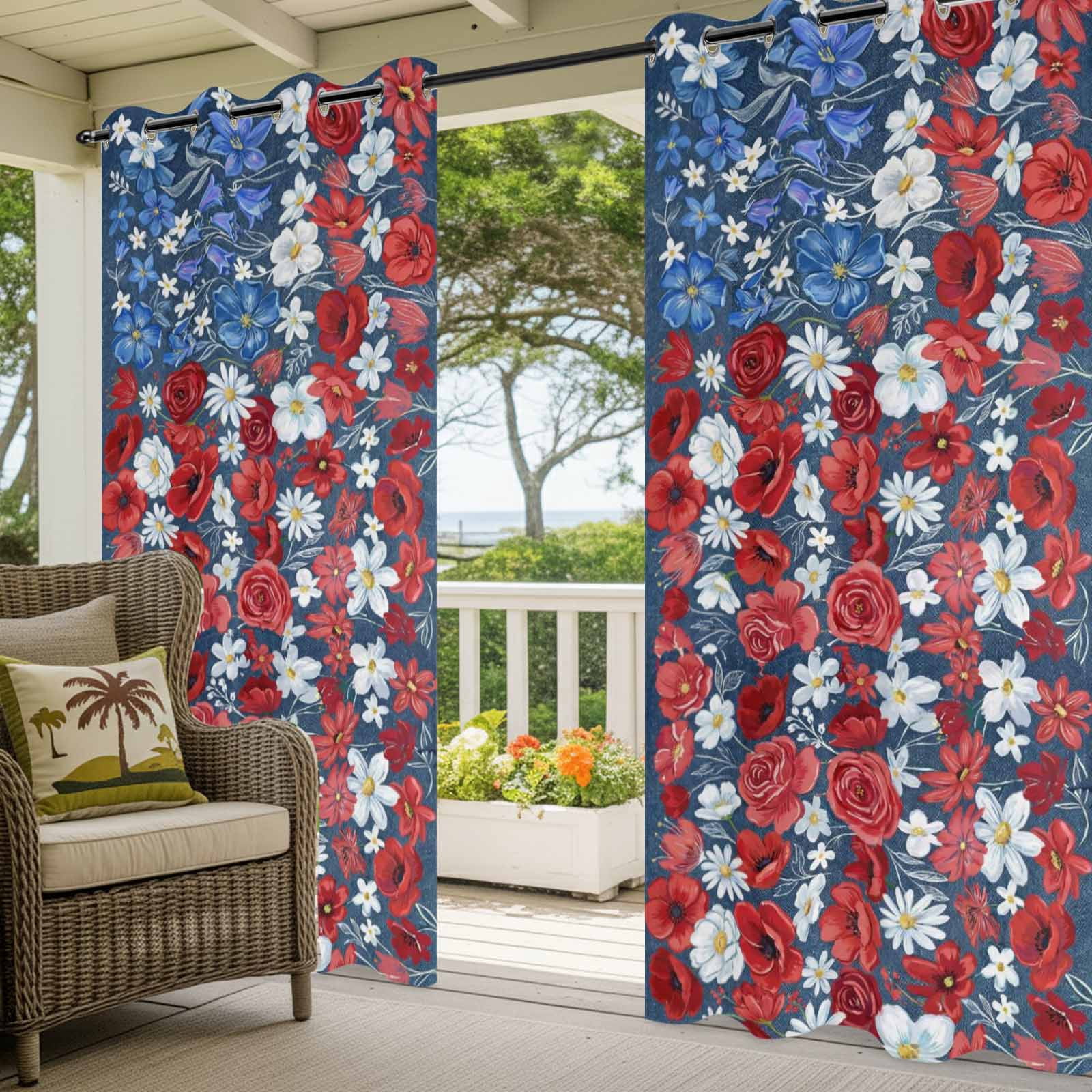 Independence Day Outdoor Curtains for Patio, Patriotic U.S. Flag Style Blue Red Flowers Sunshade Privacy Drapes Grommet Waterproof Outside Curtains for Porch/Cabana/Balcony 54"x 108", 1 Panel
