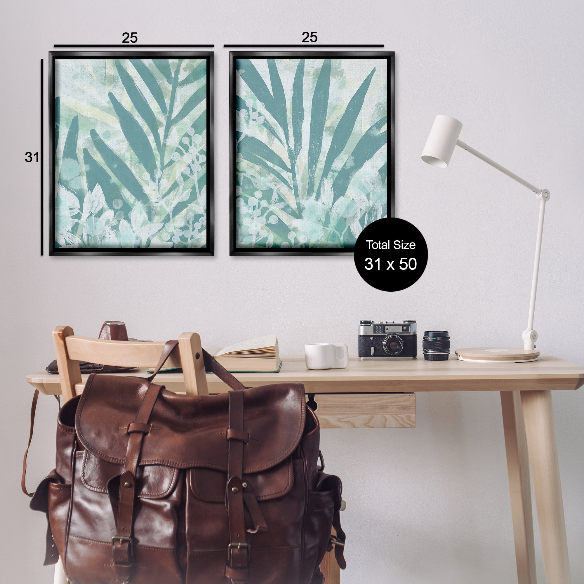 Stupell Industries Teal Palm Fronds Plants & Flowers Painting Black Floater Framed Canvas Art Print Wall Art, 31 x 25, Set of 2