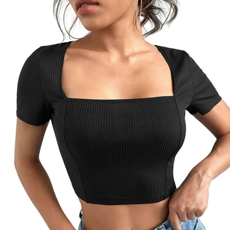 

BESTHUA Square Neck Rib-knit Crop Tee | Casual Style Square Neck Short Sleeve T-Shirts | Versatile Black Short Sleeve Top Suitable for Casual and Special Occasions