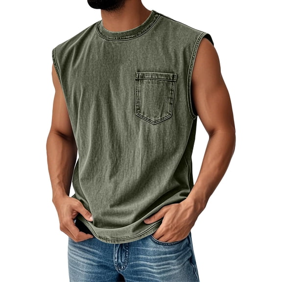 Dwellite Sleeveless Shirts for Men Tank Top Cotton Acid Wash Tees Workout Running Tank Tops with Pockets Army Green L