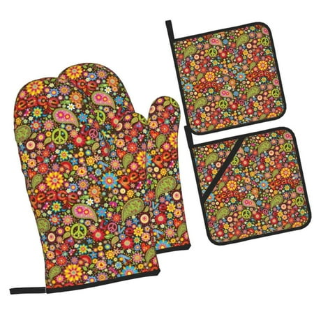 

Pofeuu Hippie Peace Love Print Oven Mitts and Pot Holders 4 pcs Set High Heat Resistant 500 Degree Extra Thicken Long Kitchen Cotton Oven Glove for Cooking