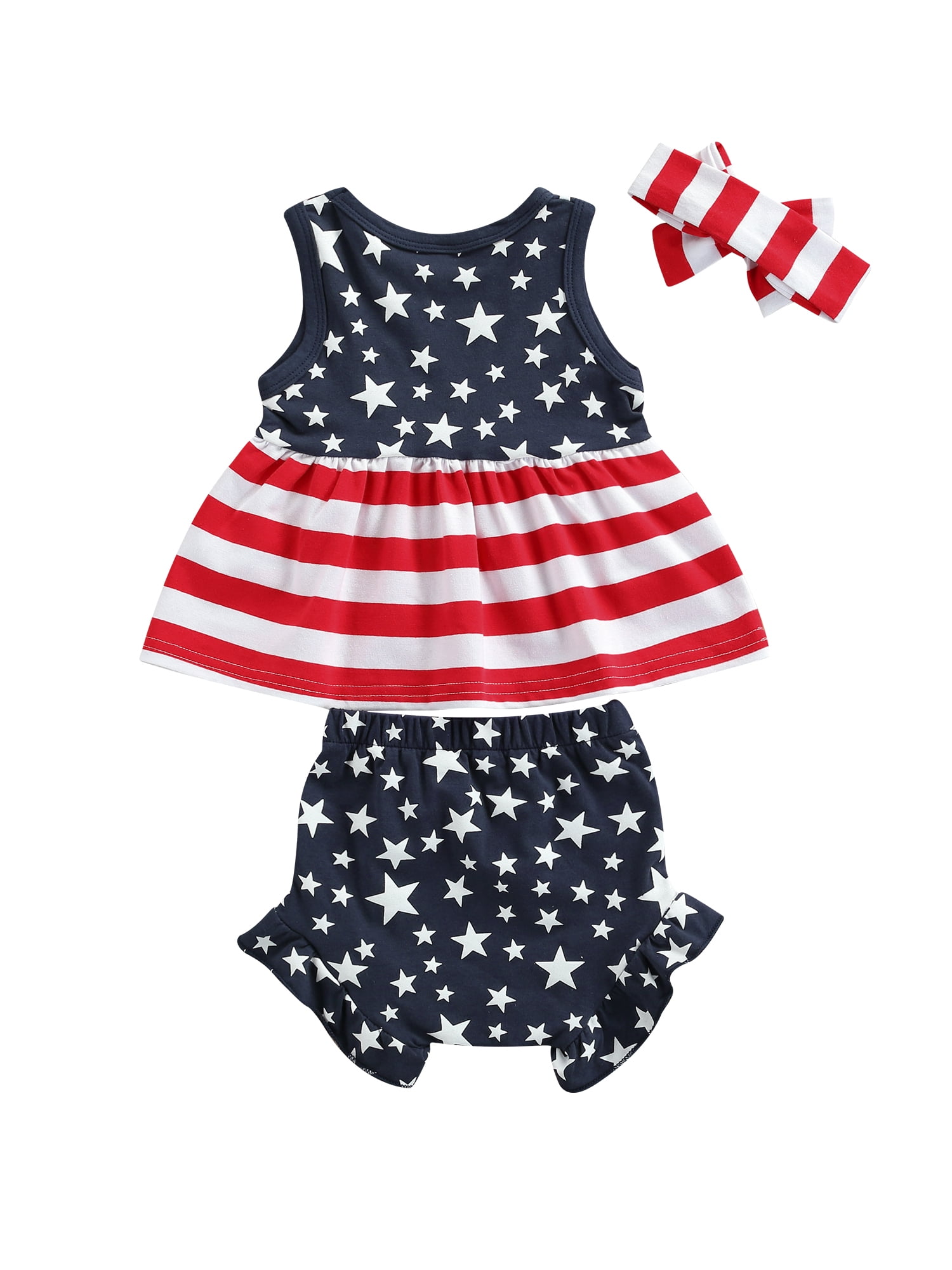 Newborn Baby Girl 4th of July Outfit Sleeveless Stars and Stripes Ruffle Dress Shirt Top Shorts Headband 3Pcs Set