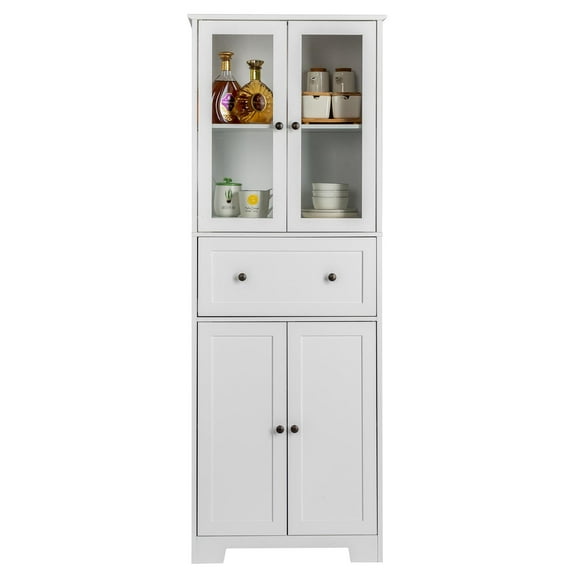 SamyoHome 64" Kitchen Pantry Cabinet, Freestanding Bathroom Cabinet Cupboard with 2 Cabinets, Large Drawer and Adjustable Shelves, Tall Floor Storage Cabinet for Living Room Bedroom Home Office, White
